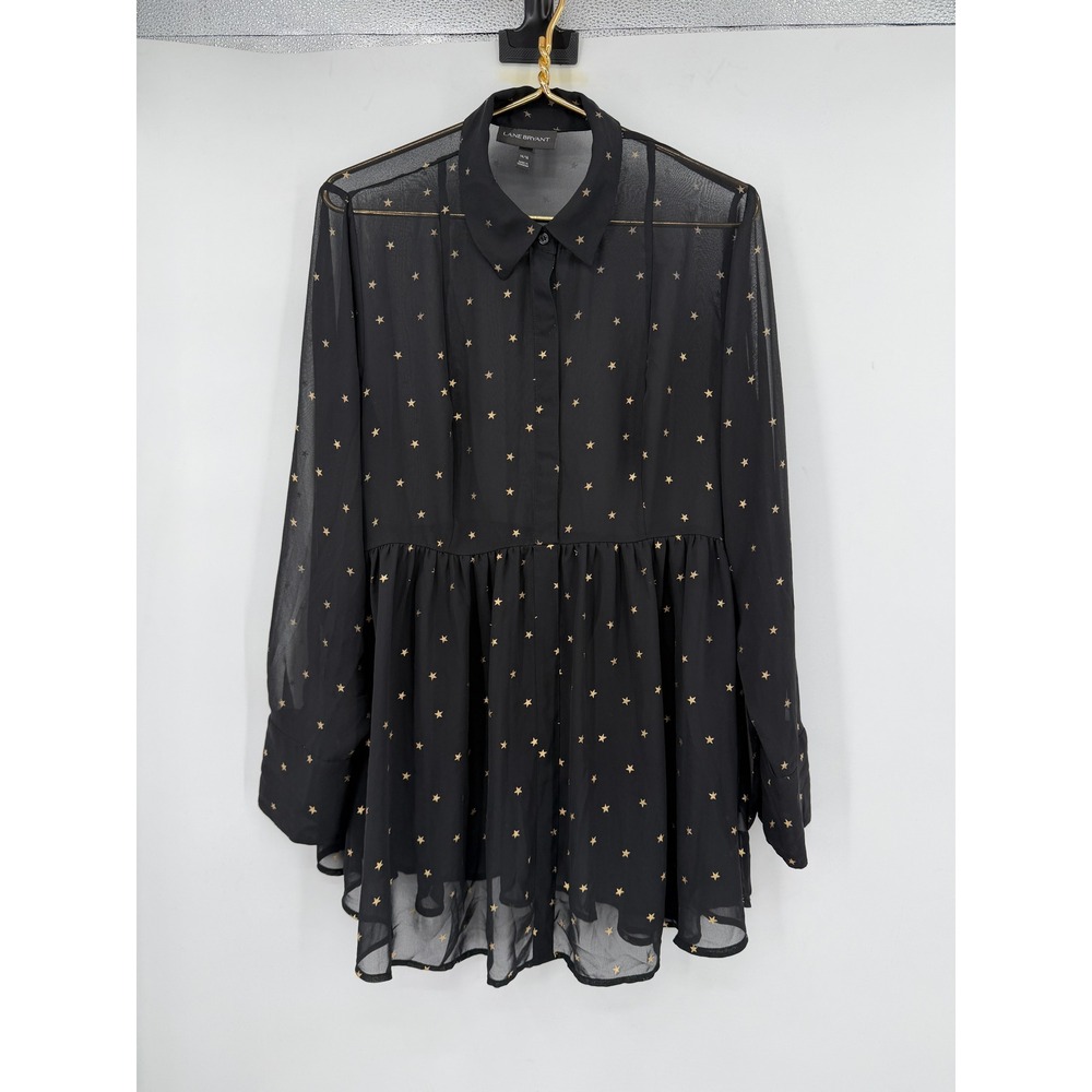 Lane Bryant Black Gold Metallic Star Chiffon Babydoll Tunic Top Plus Size 14/16